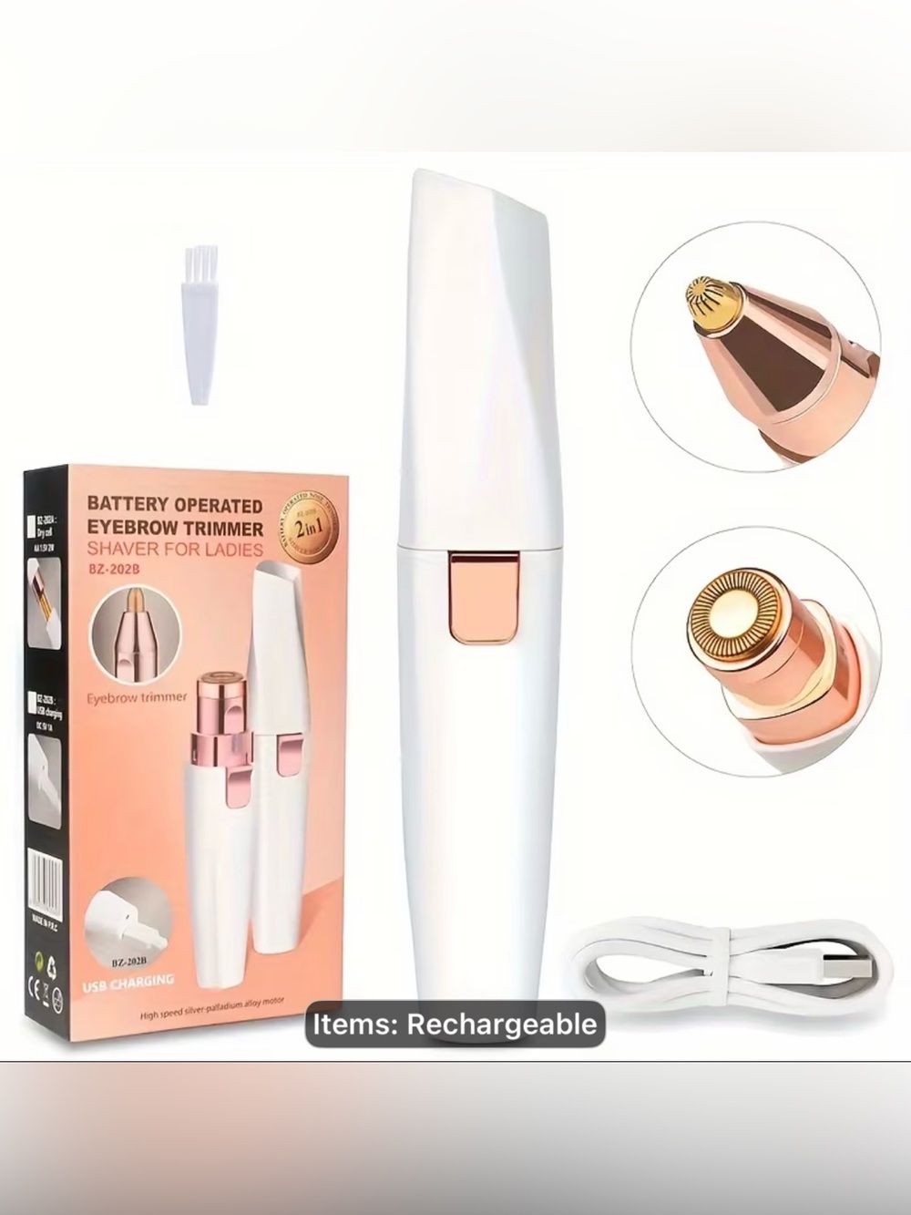 White Rechargeable Precision Eyebrow Trimmer with Rose Gold Accent